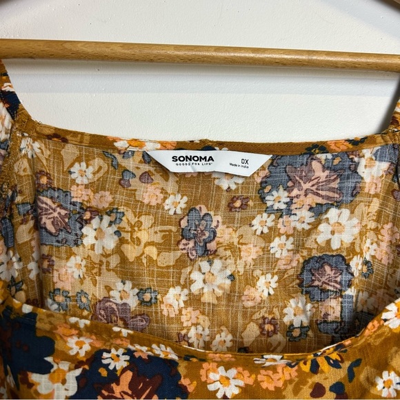 Sonoma Floral Blouse Top Brown Gold Puff Sleeve Size 0X Summer Natural Lightweig - Picture 4 of 10